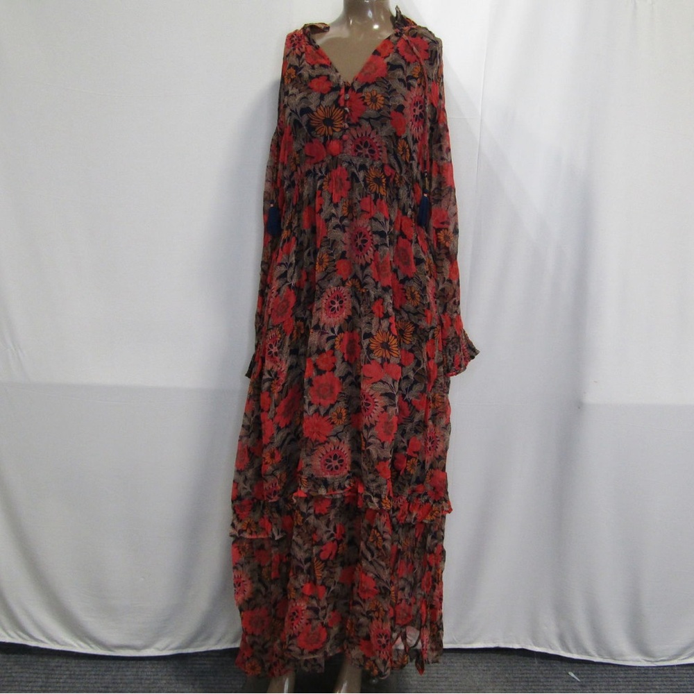 By Anthropologie Women's Dress Red Multi Size Small Ruffle V-Neck